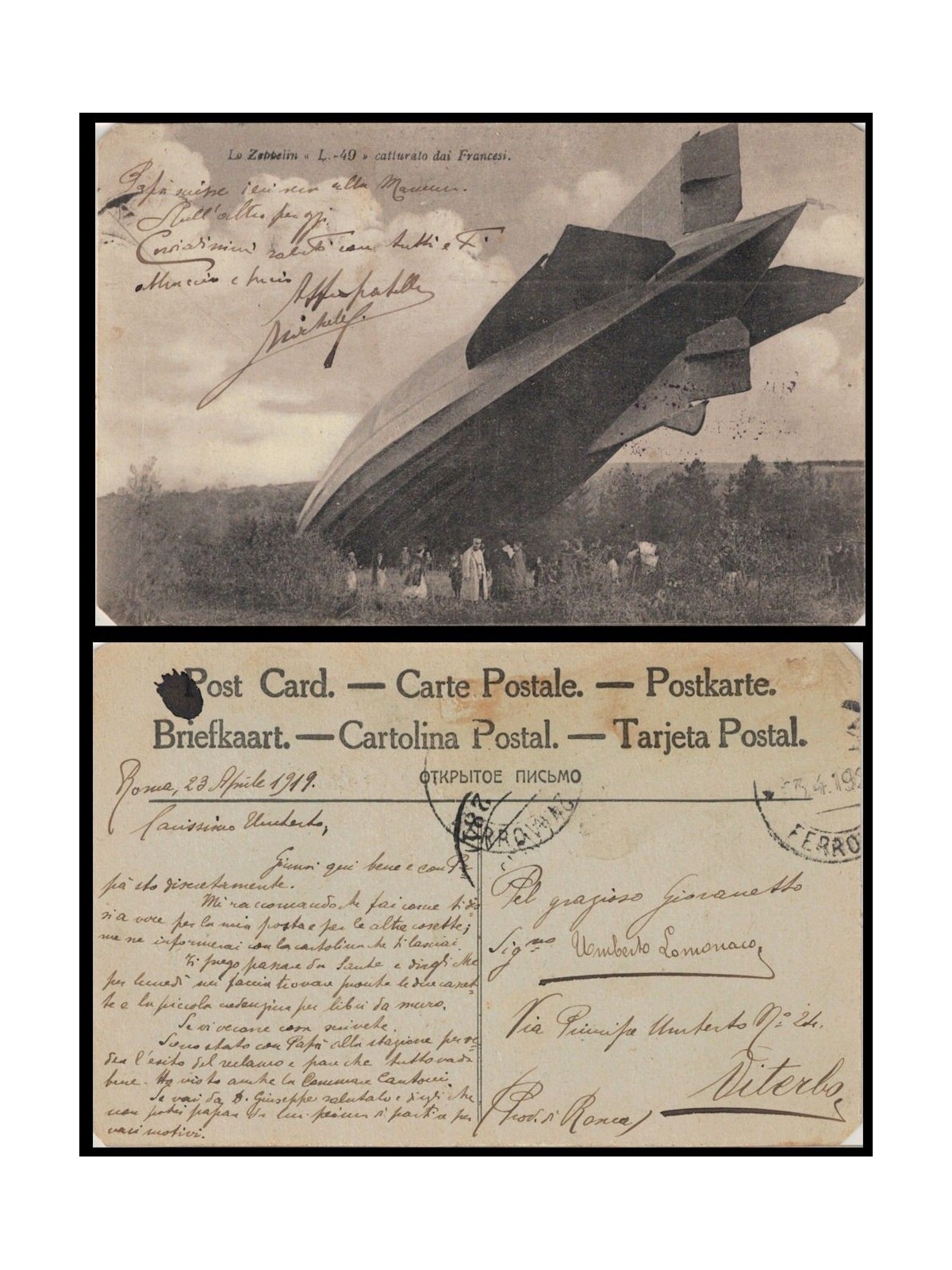 POSTCARD Zeppelin L49 airship captured by the French (1917)