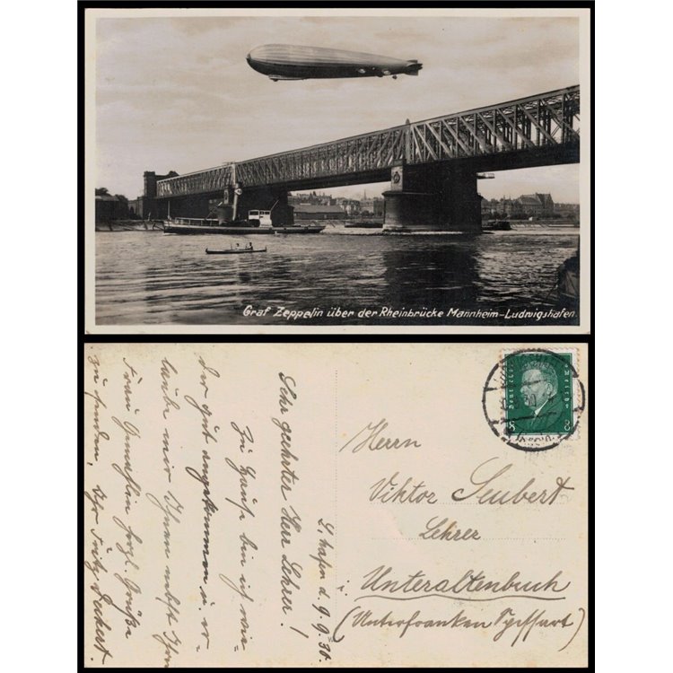 POSTCARD Zeppelin airship flying over the Mannheim Bridge (1930)