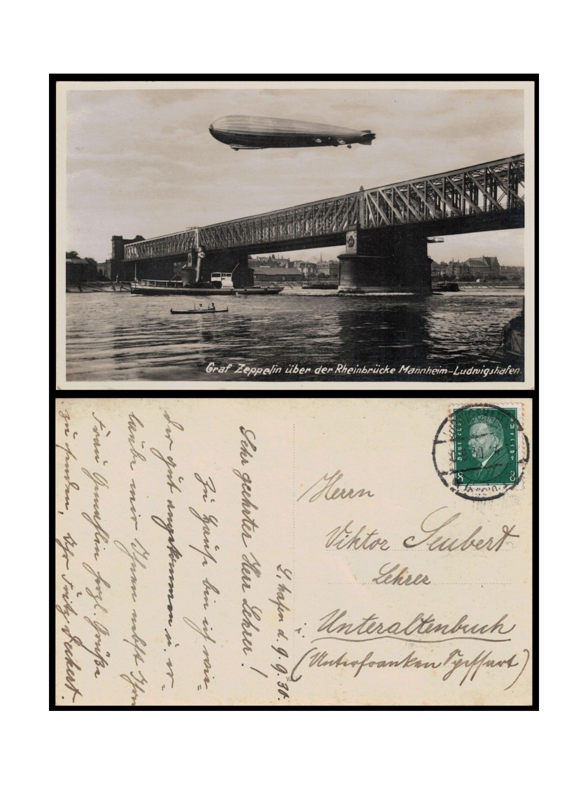 POSTCARD Zeppelin airship flying over the Mannheim Bridge (1930)