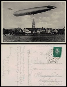 POSTCARD Zeppelin airship in flight over Friedrichshafen (1931)