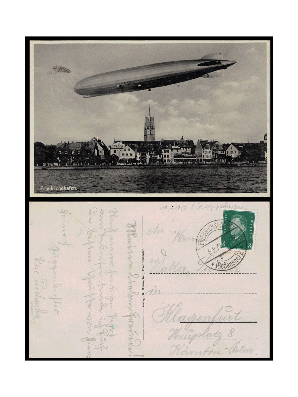 POSTCARD Zeppelin airship in flight over Friedrichshafen (1931)