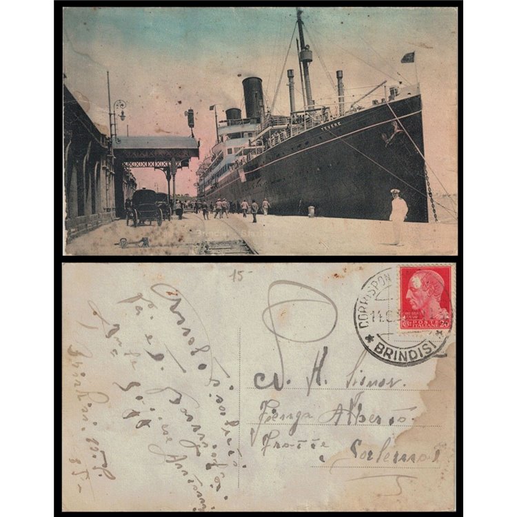 POSTCARD Motorship Tevere at the Port of Brindisi (1935)