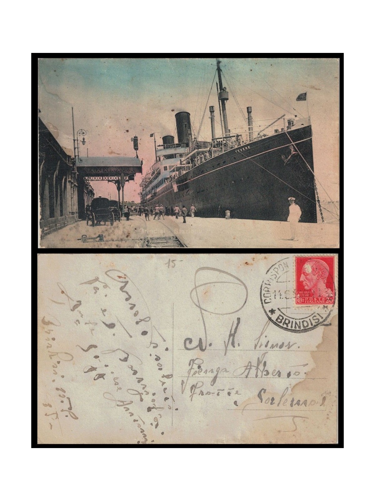 POSTCARD Motorship Tevere at the Port of Brindisi (1935)