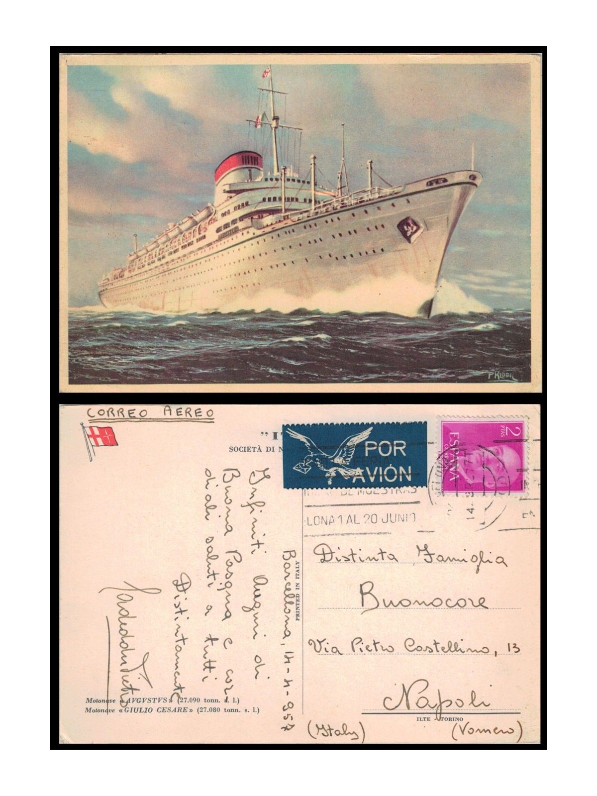 CARTOLINA Motonave Giulio Cesare della Compagnia Italia (1957)