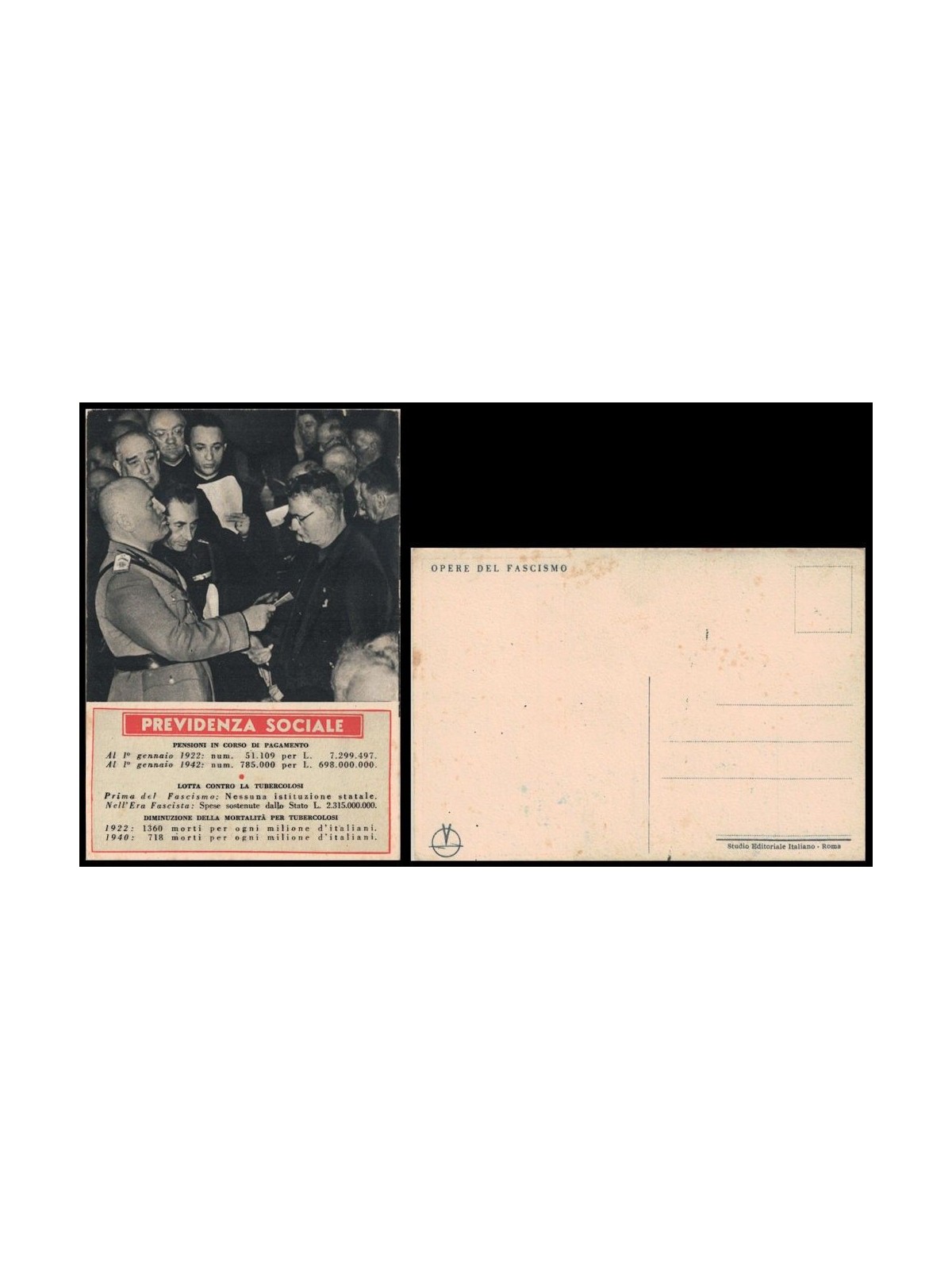 POSTCARD Mussolini and Social Security (1942)