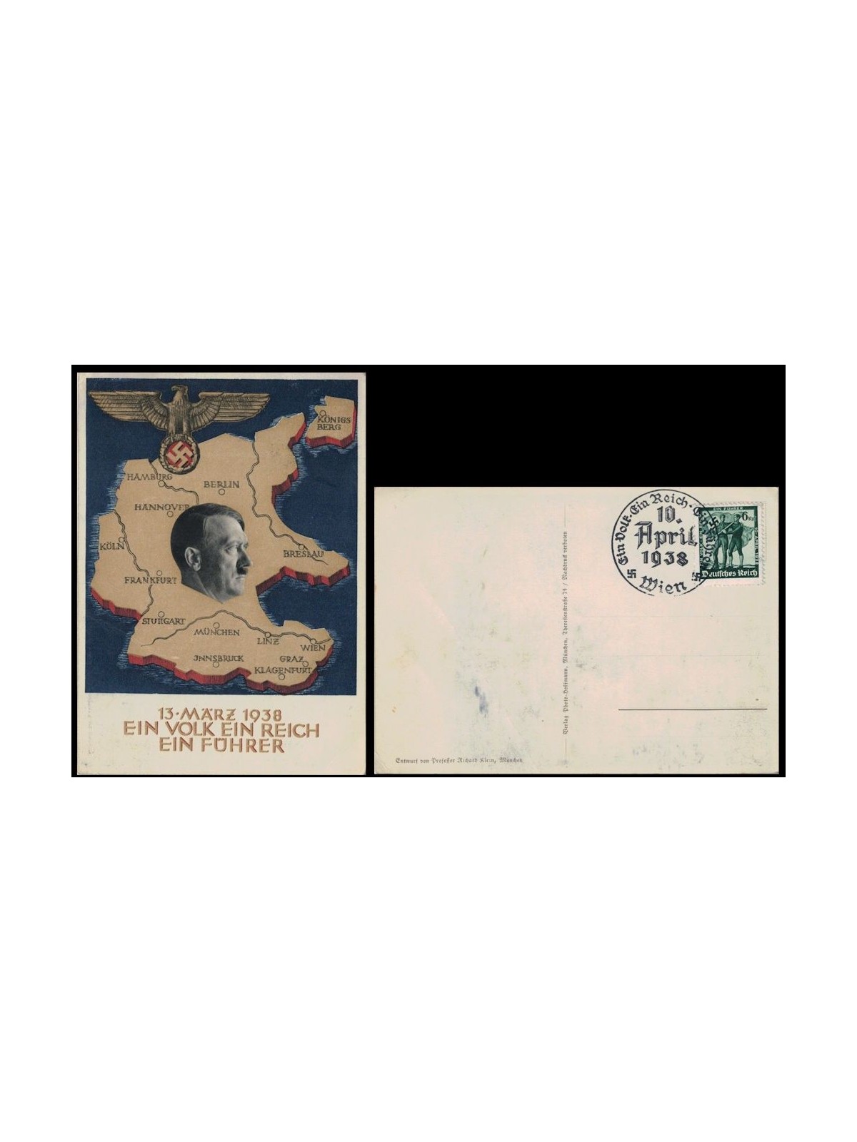 POSTCARD Hitler and map, (one People, one Empire, one Führer) 1938