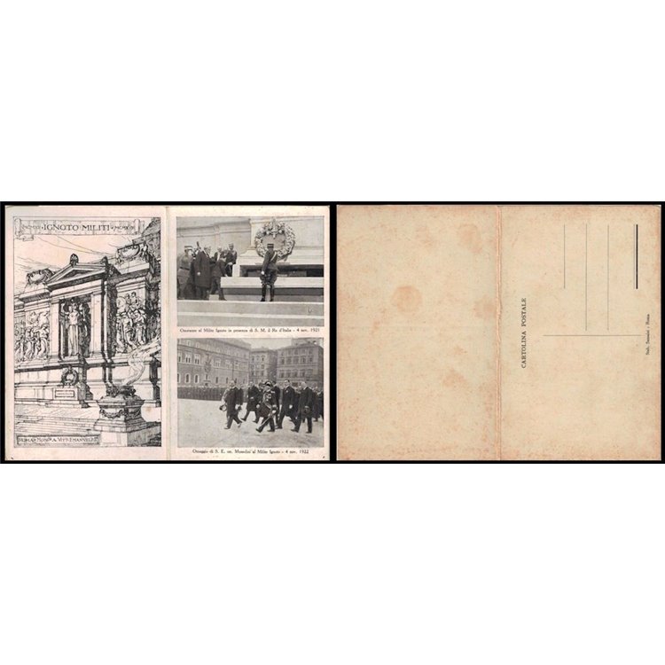 POSTCARD Honors to the Unknown Soldier, Mussolini and Vittorio Emanuele II