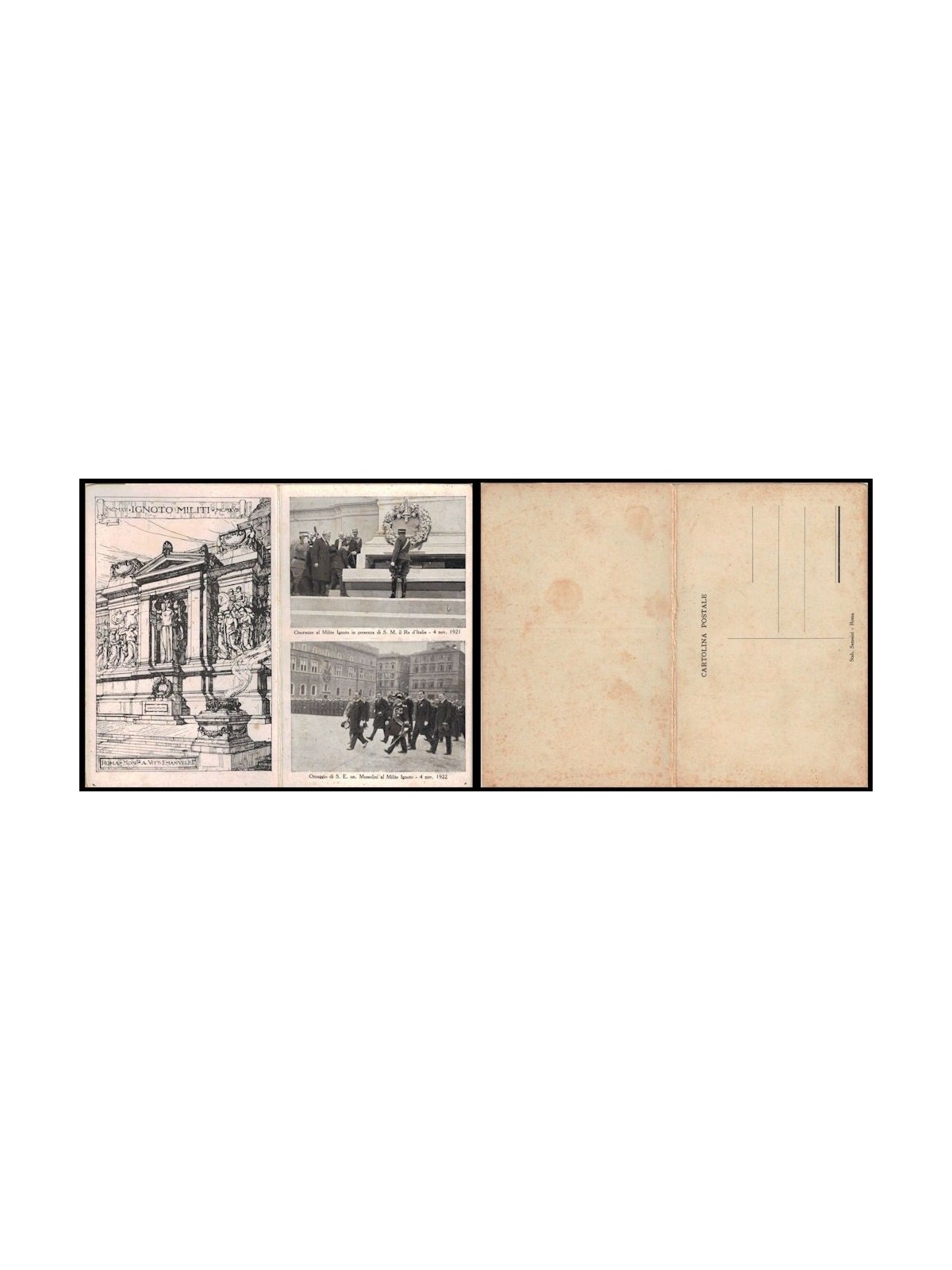 POSTCARD Honors to the Unknown Soldier, Mussolini and Vittorio Emanuele II