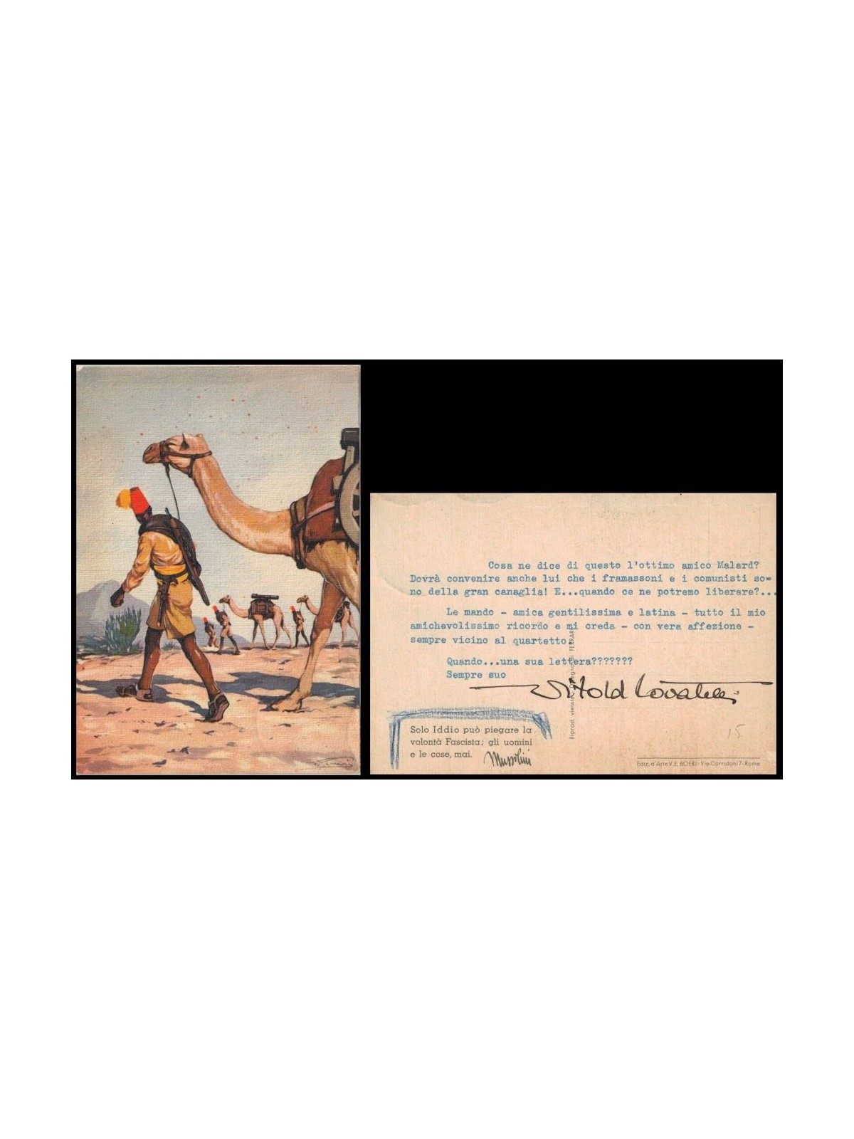 POSTCARD Mussolini, Only God can bend the fascist will...