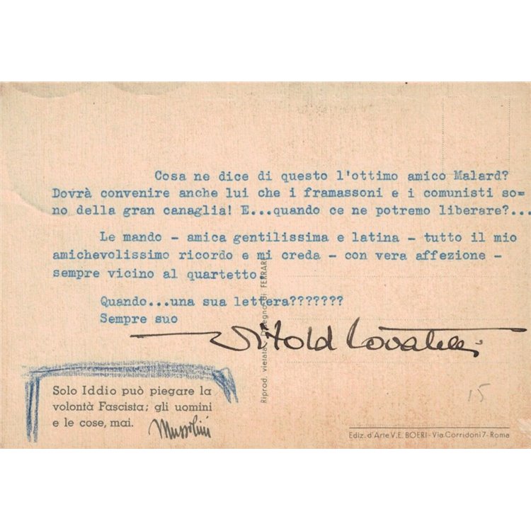 CARTOLINA Mussolini, Solo Iddio può piegare la volontà fascista...