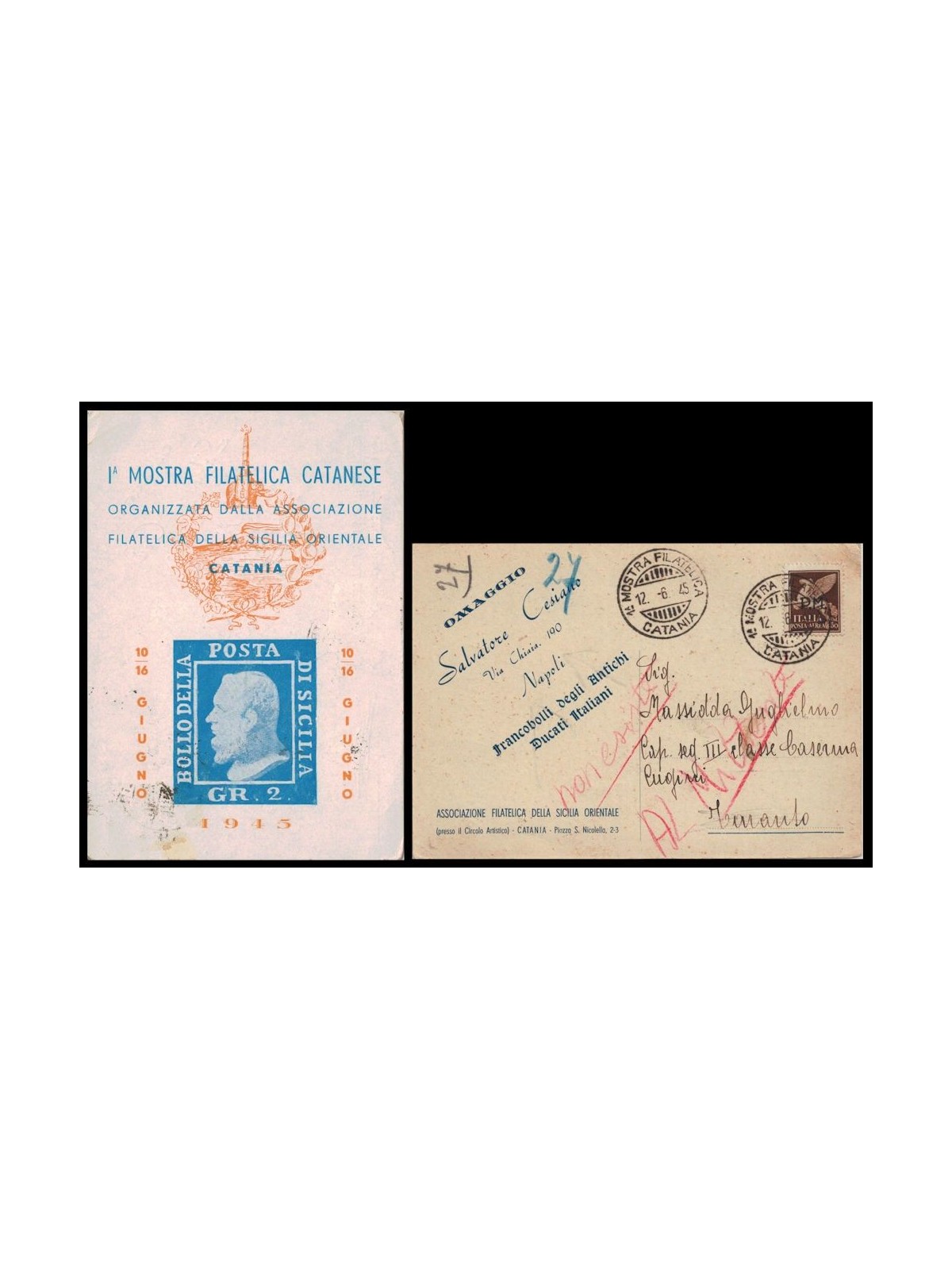 POSTCARD 1st Catanese Philatelic Exhibition (Catania 1945)
