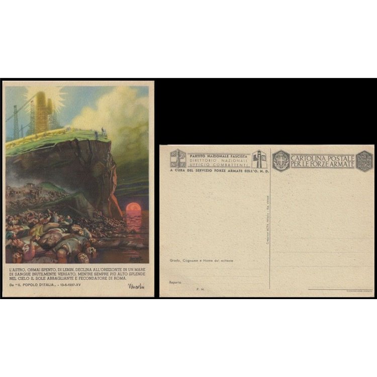 POSTCARD Mussolini, Lenin's now extinguished star... (1937)