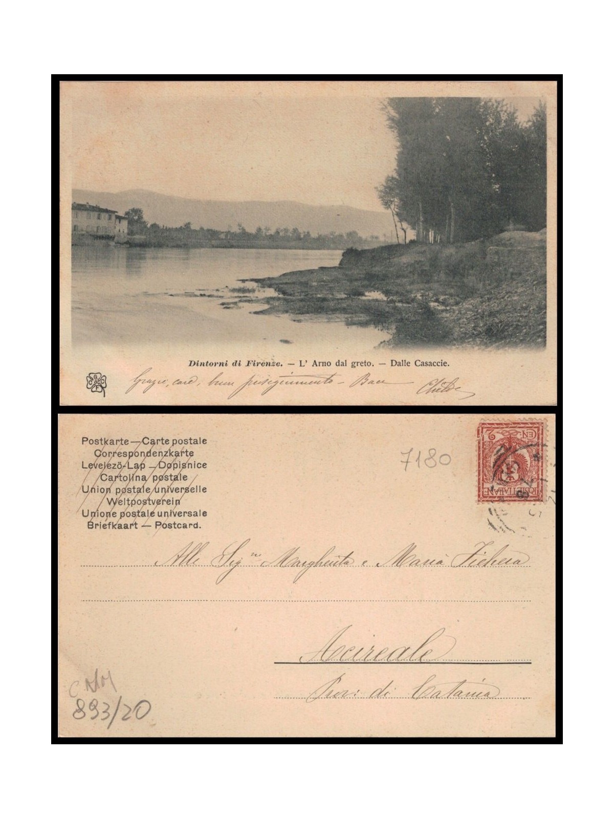 CARTOLINA Dintorni di Firenze, l'Arno dal greto, dalle Casaccie
