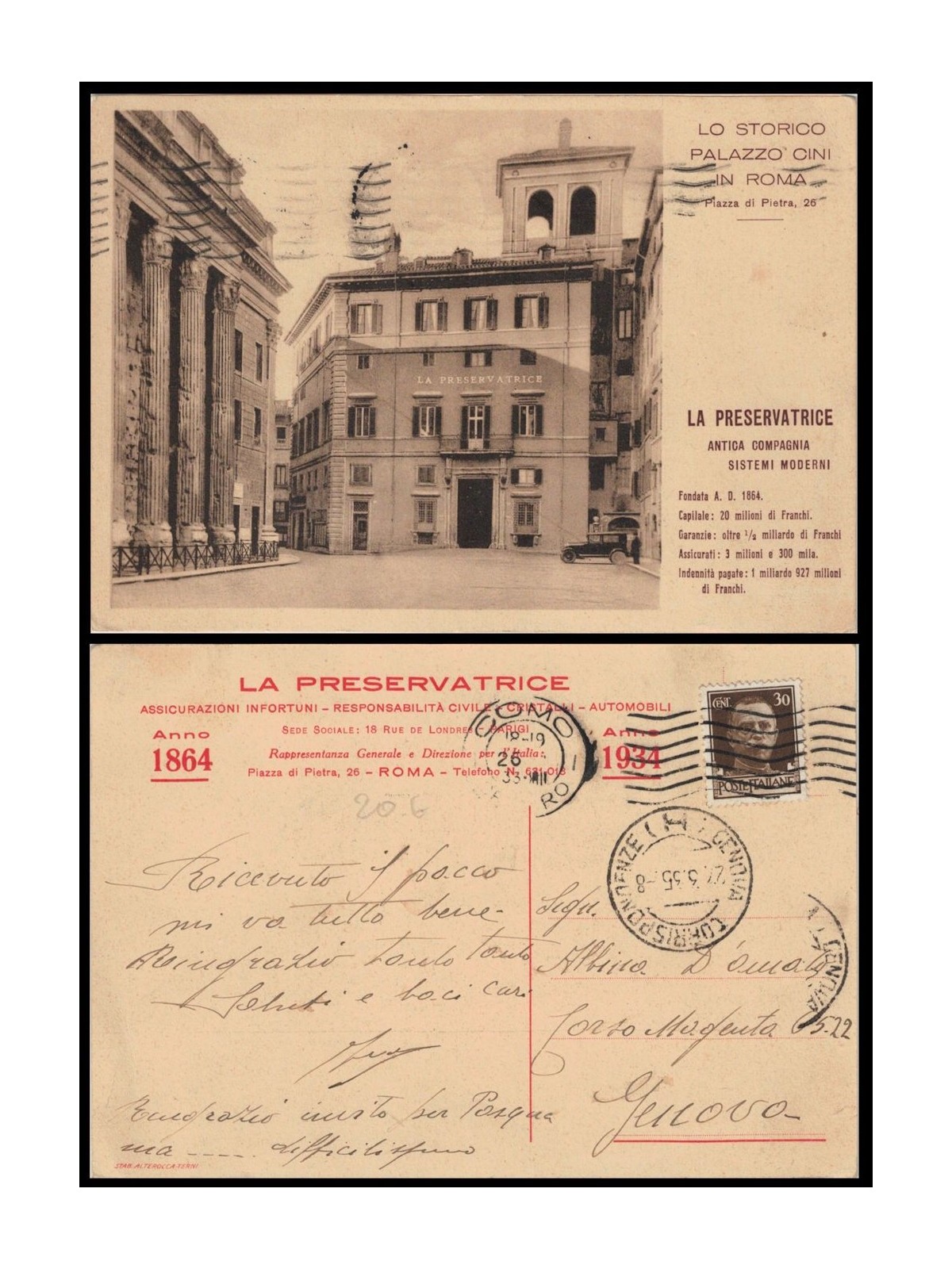 CARTOLINA Assicurazioni La Preservatrice, Palazzo Cini (Roma)