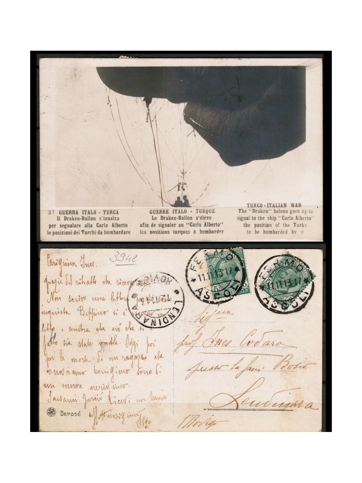 CARTOLINA Dirigibile Draken-Ballon - viaggiata - (1912)