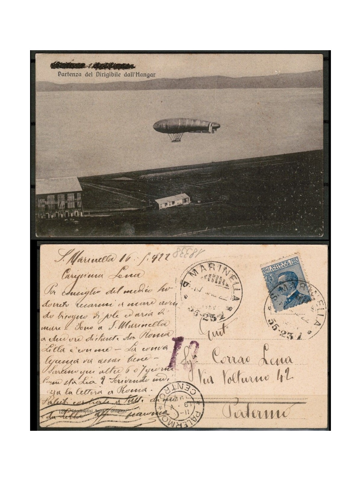 POSTCARD Departure of the airship from the Hangar - traveled - (1922)