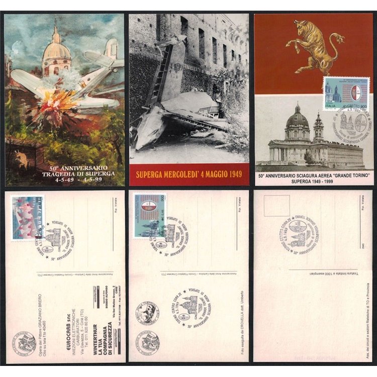 50° anniversario della Tragedia di Superga, 3 cartoline FDC