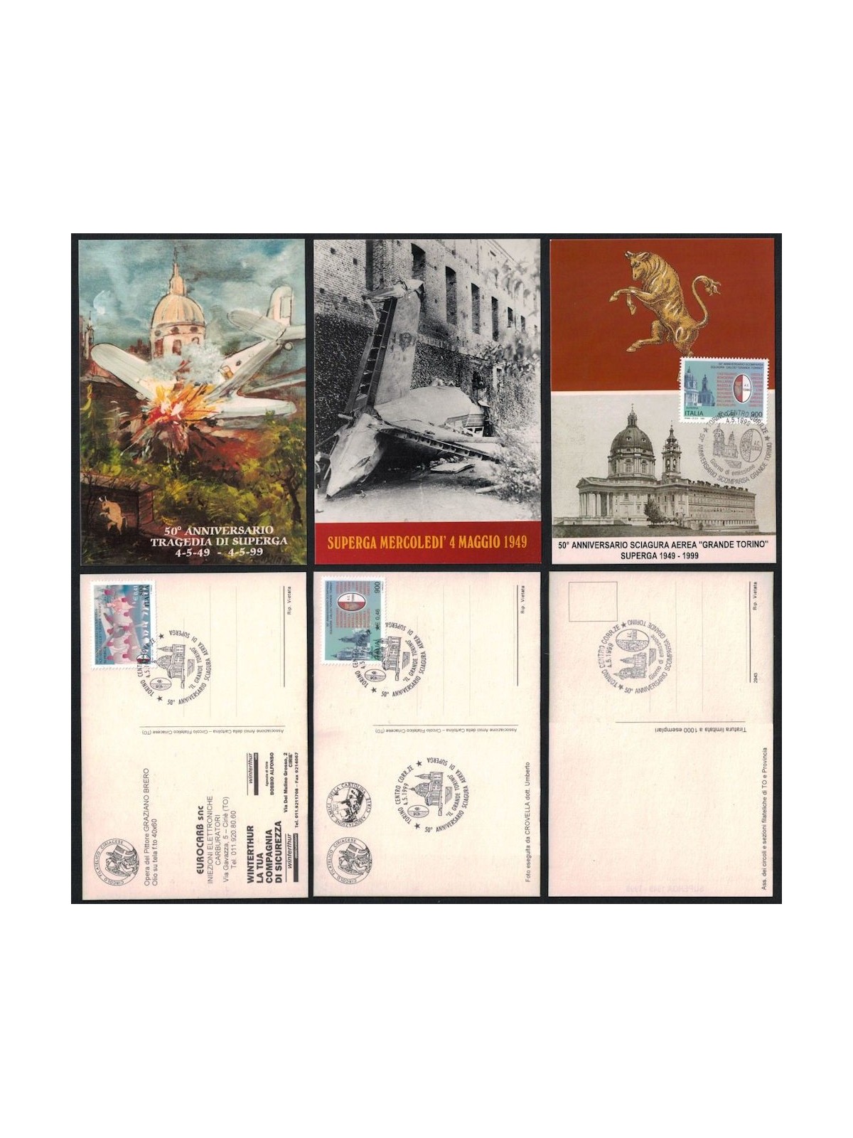 50° anniversario della Tragedia di Superga, 3 cartoline FDC