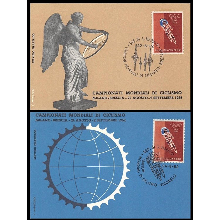 SAN MARINO 1962 Mondiali di Ciclismo, 2 cartoline FDC