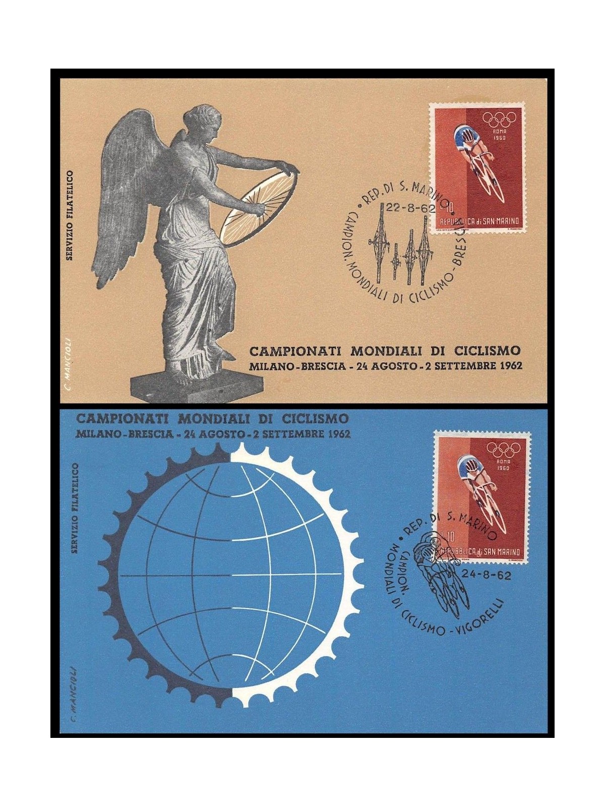 SAN MARINO 1962 Mondiali di Ciclismo, 2 cartoline FDC