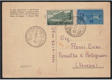 ITALIA 1950 Unesco su cartolina 1ª Giornata Filatelica Friulana