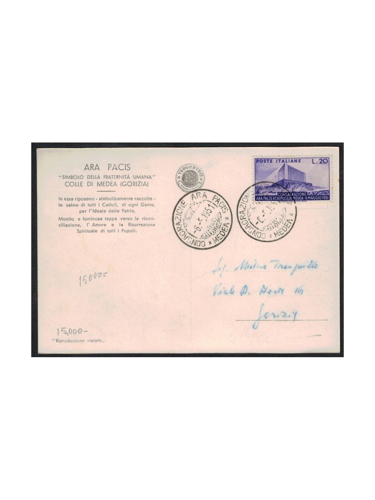 ITALIA 1951 Cartolina Ara Pacis