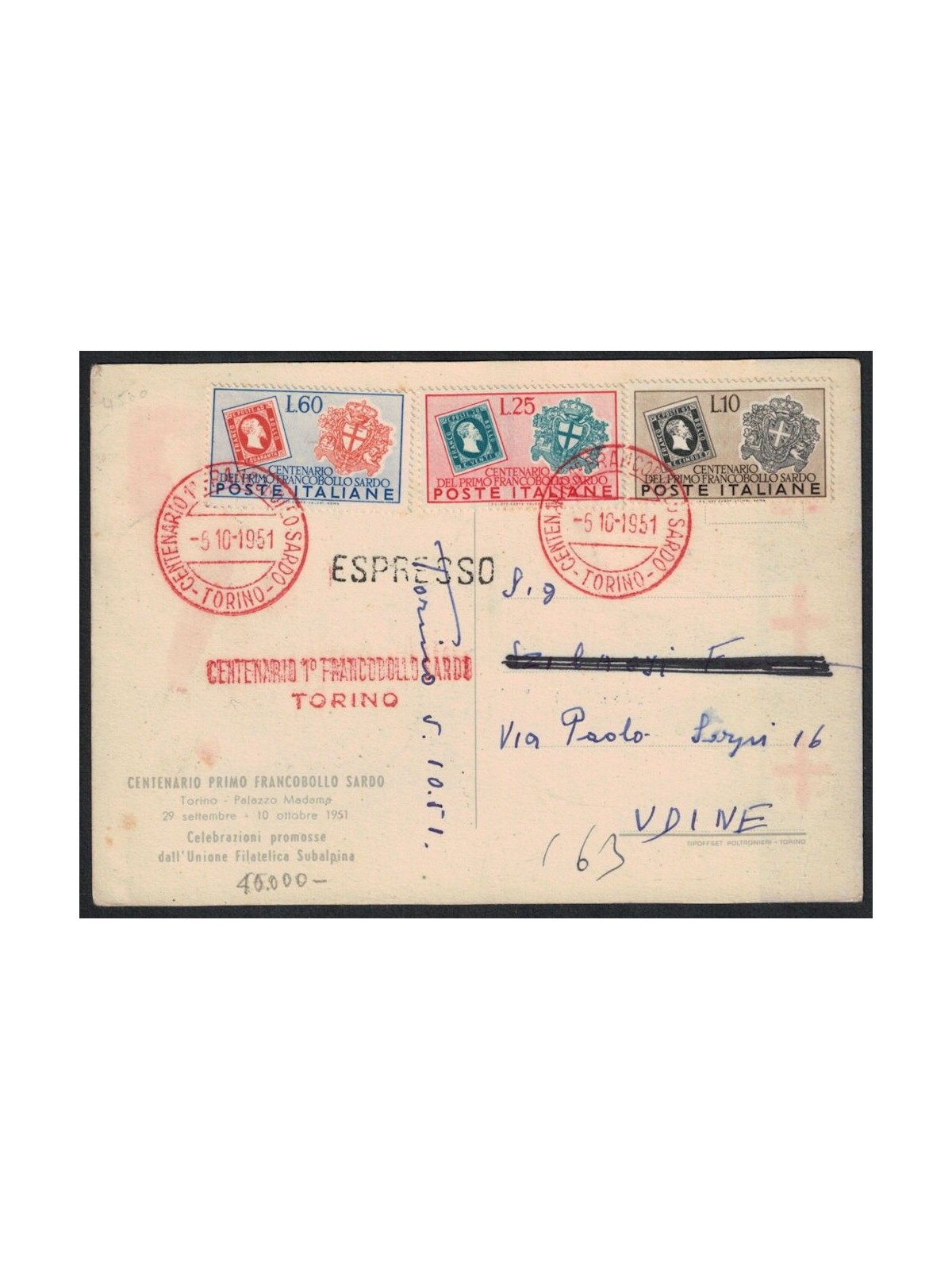ITALIA 1951 Cartolina Centenario 1° francobollo sardo