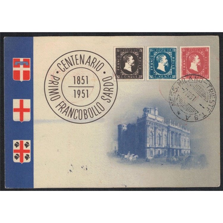 ITALIA 1951 Cartolina Centenario 1° francobollo sardo