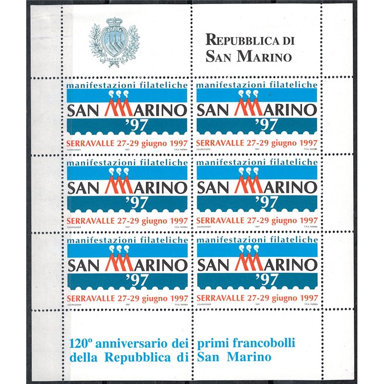 SAN MARINO 1997 Anniversario dei primi francobolli, foglietto erinnofilo MNH**