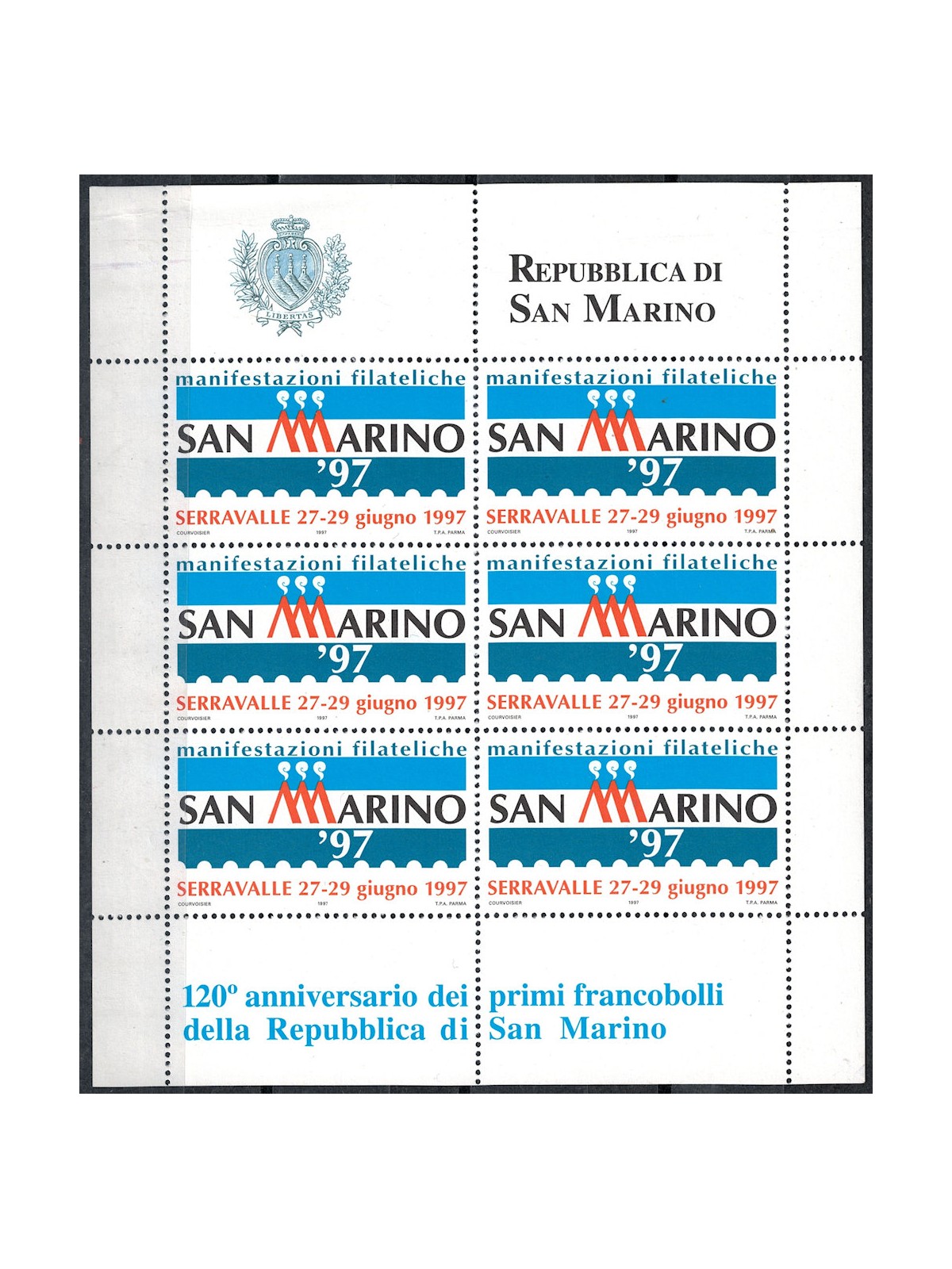 SAN MARINO 1997 Anniversario dei primi francobolli, foglietto erinnofilo MNH**