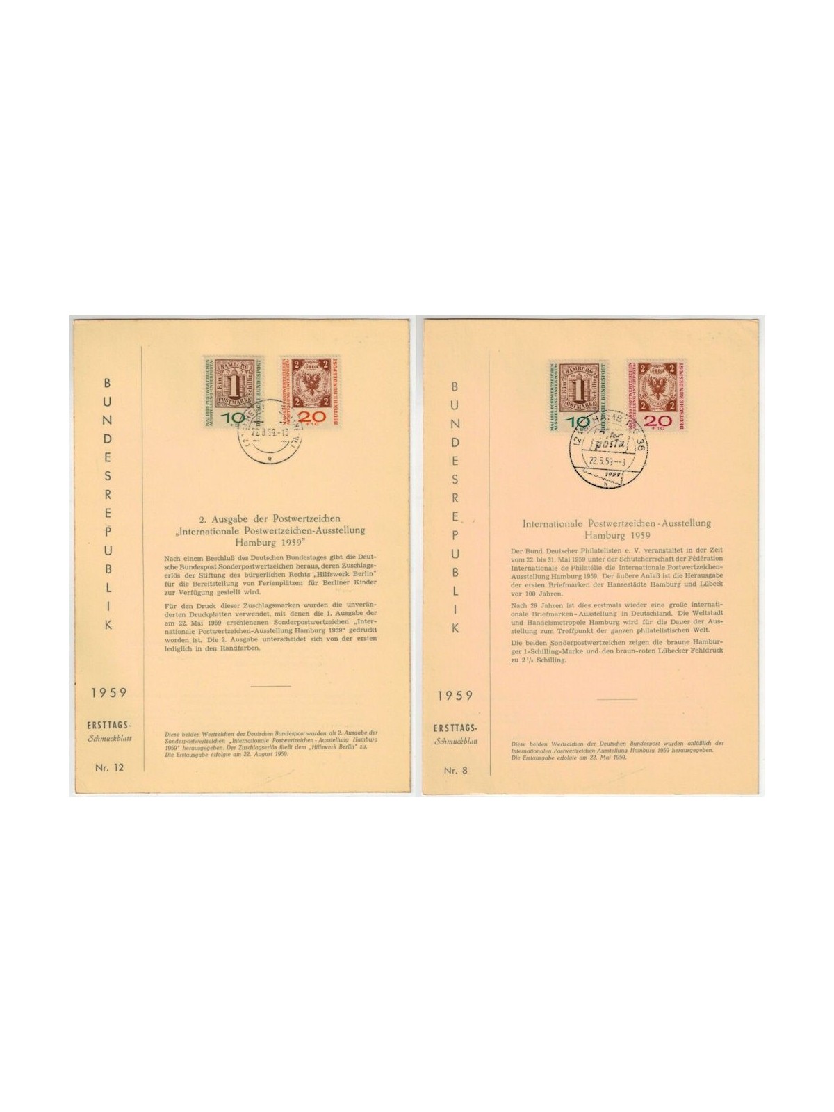 GERMANY BRD 1959 ETB INTERPOSTA philatelic exhibition Mi 310/11