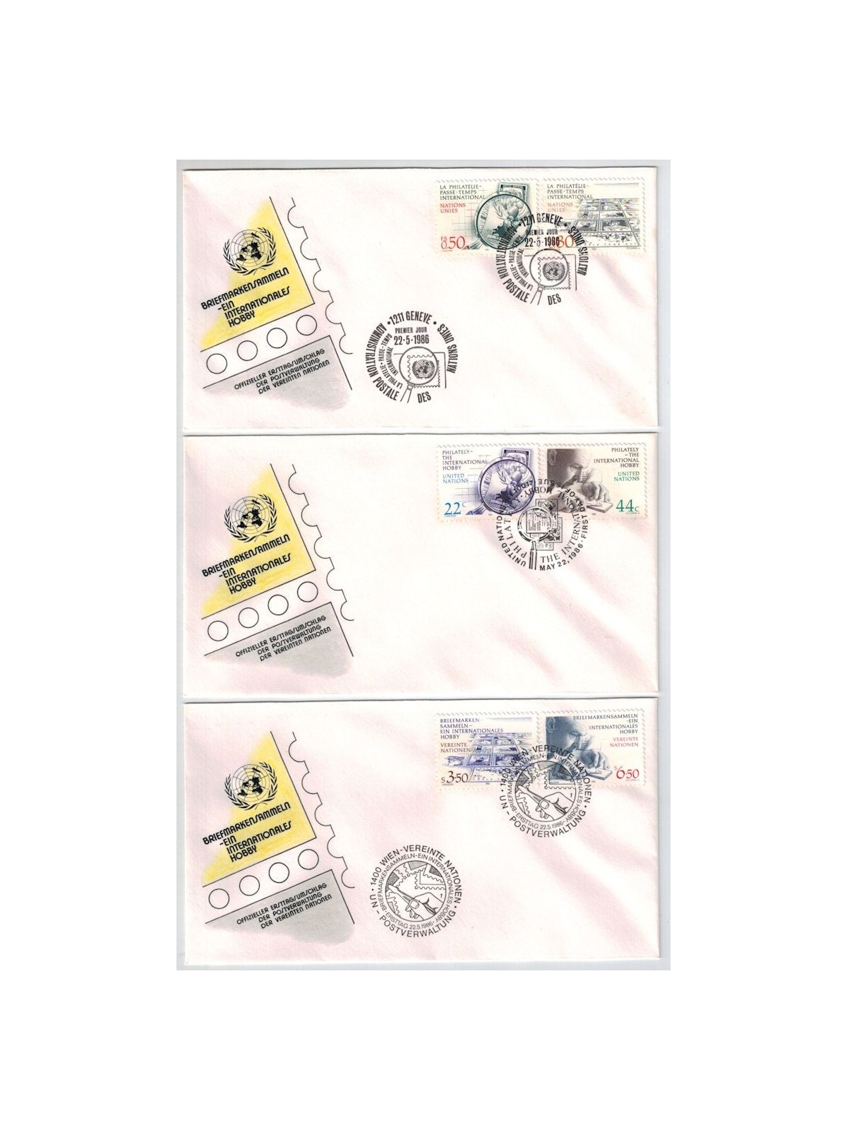 FDC UN 1986 Philately, an international hobby 3v