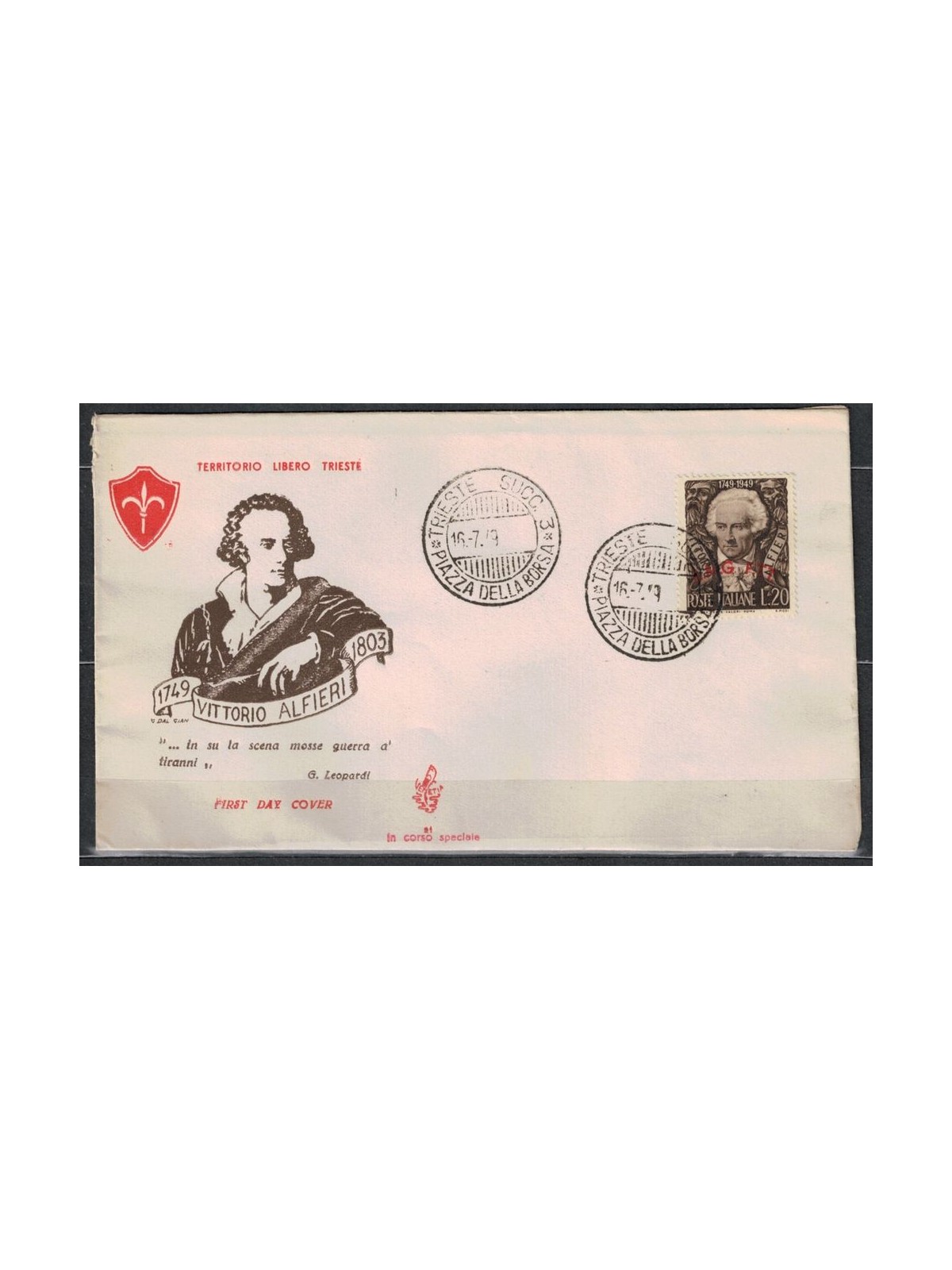 FDC TRIESTE A 1949 Bicentenario Vittorio Alfieri