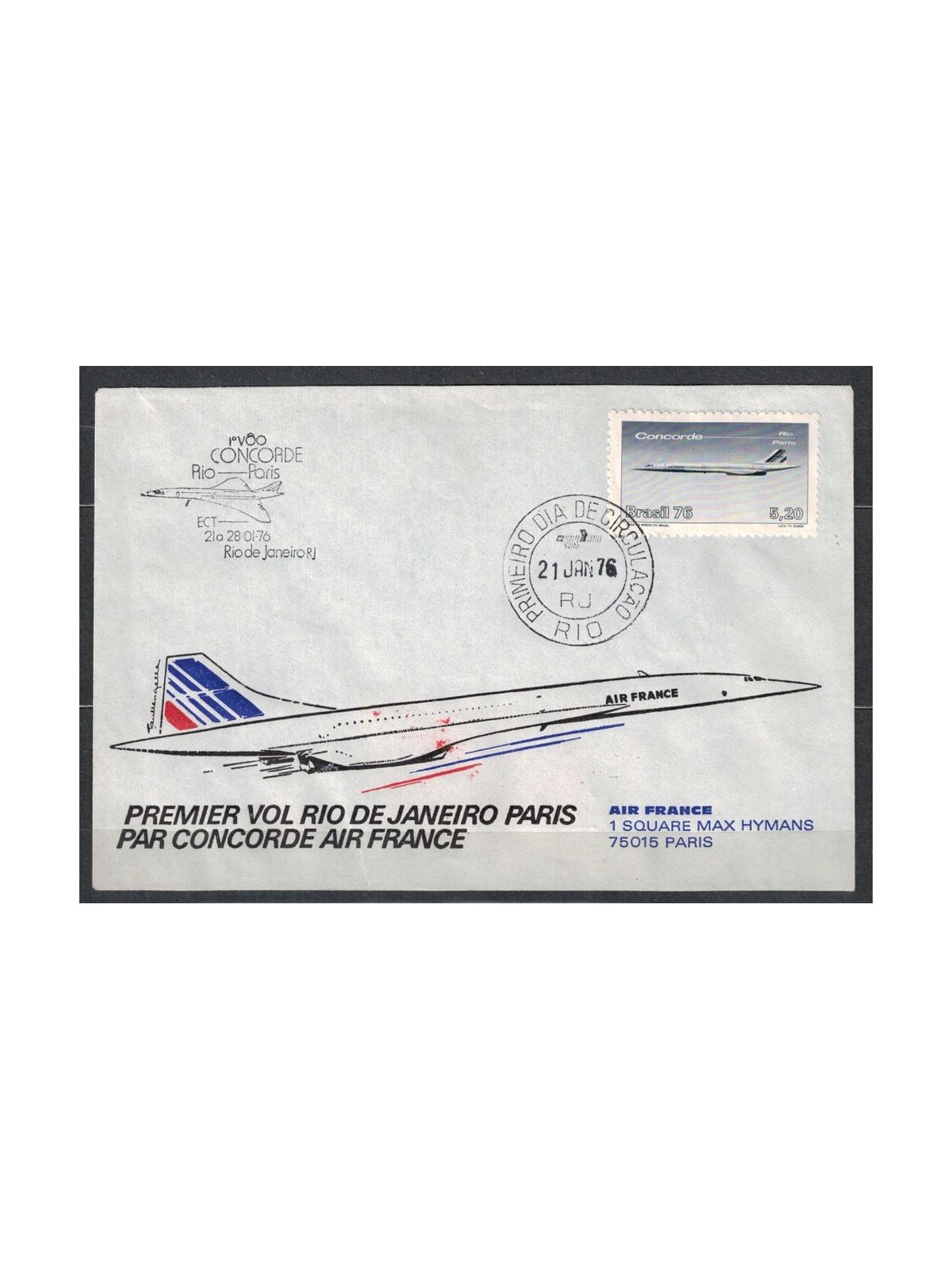 FDC BRAZIL 1976 1st Concorde Flight Rio-Paris