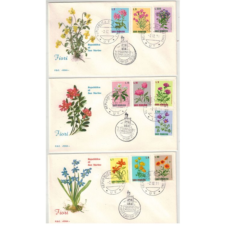 FDC SAN MARINO 1971 Flowers 3 Envelopes Rome