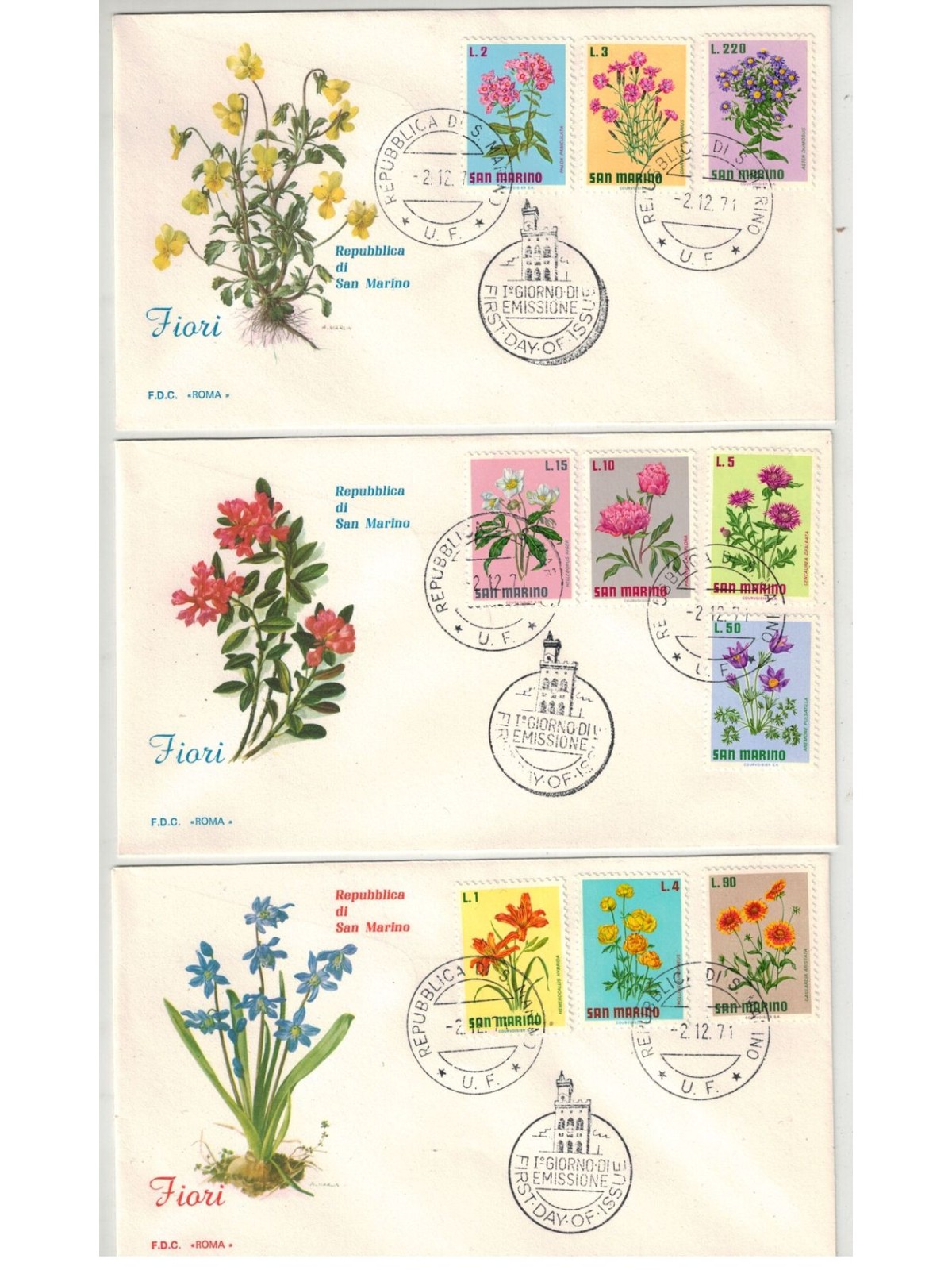 FDC SAN MARINO 1971 Fiori 3 Buste Roma