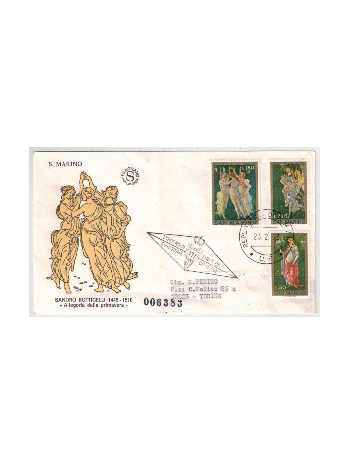 FDC SAN MARINO 1972 Botticelli 1 Envelope Filagrano
