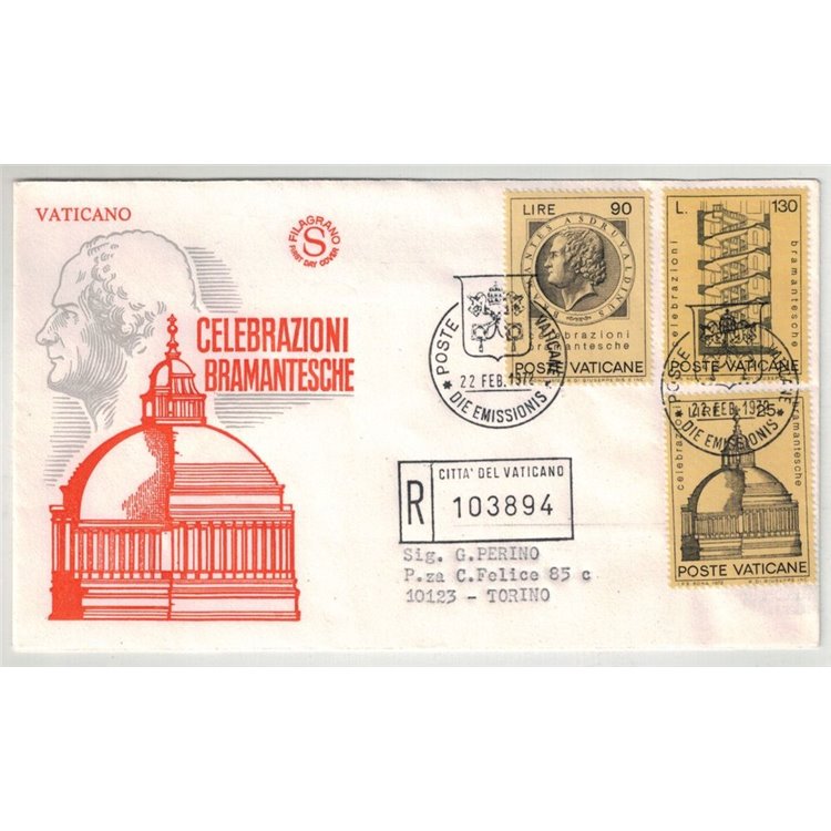 FDC VATICANO 1972 Celebrazioni Bramantesche 1 Busta Filagrano viaggiata