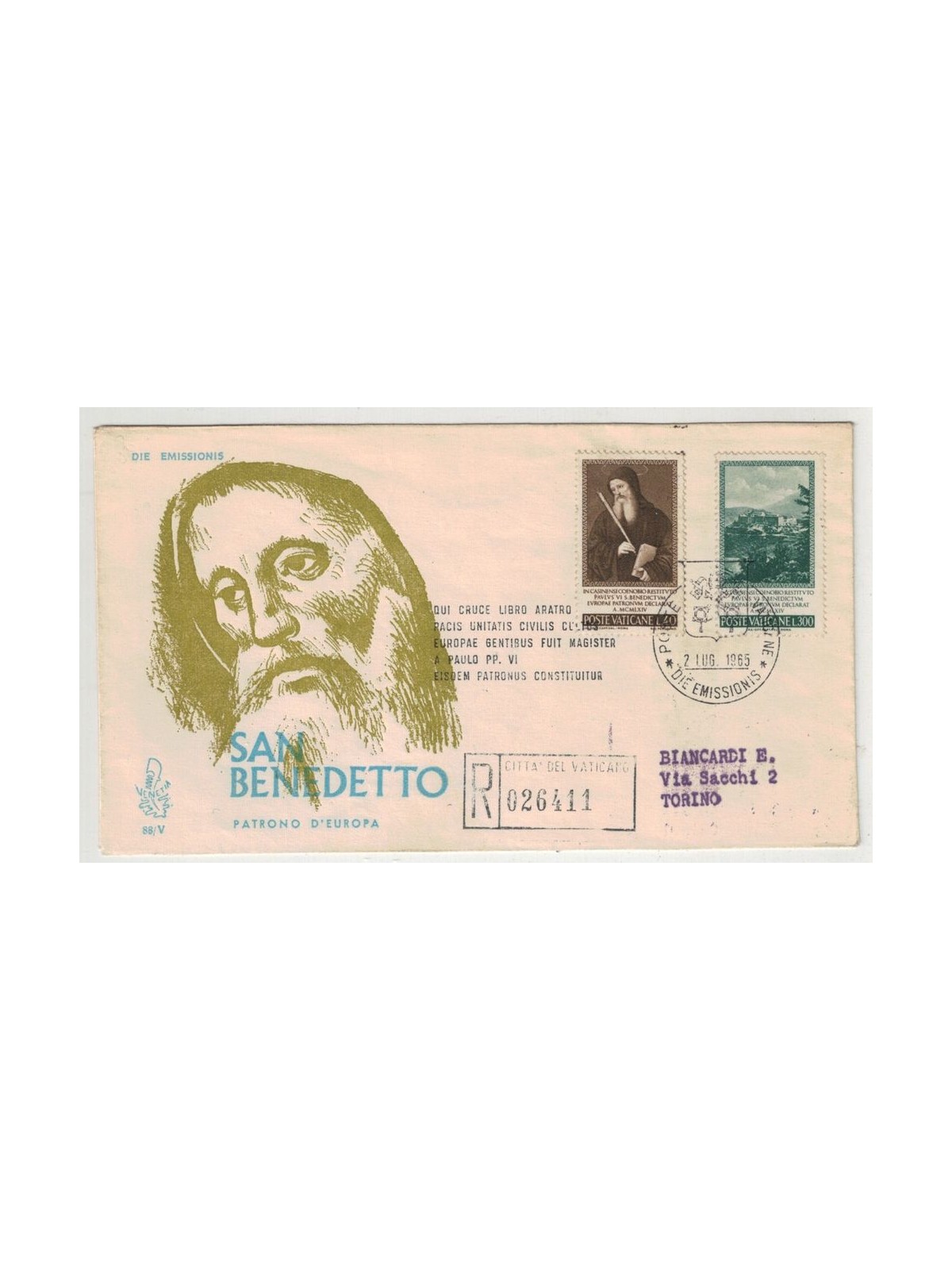 VATICAN 1965 FDC (Venice) Saint Benedict collected