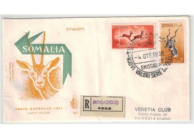SOMALIA AFIS 1958 FDC (Venetia) Posta aerea, gazzelle racc