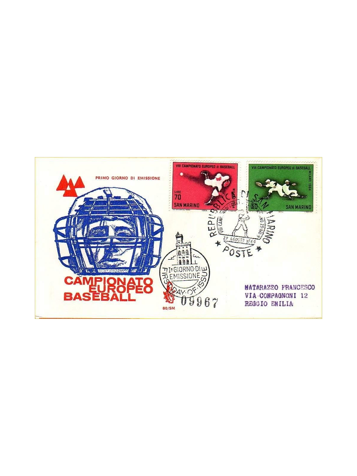 SAN MARINO 1964 FDC (Venetia) Baseball viaggiata
