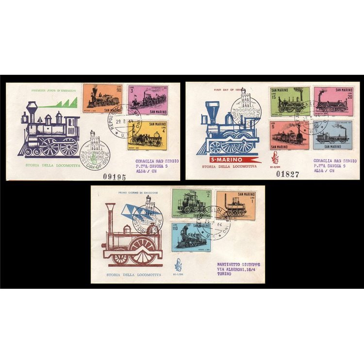 SAN MARINO 1964 FDC (Venetia) Storia della locomotiva viaggiate