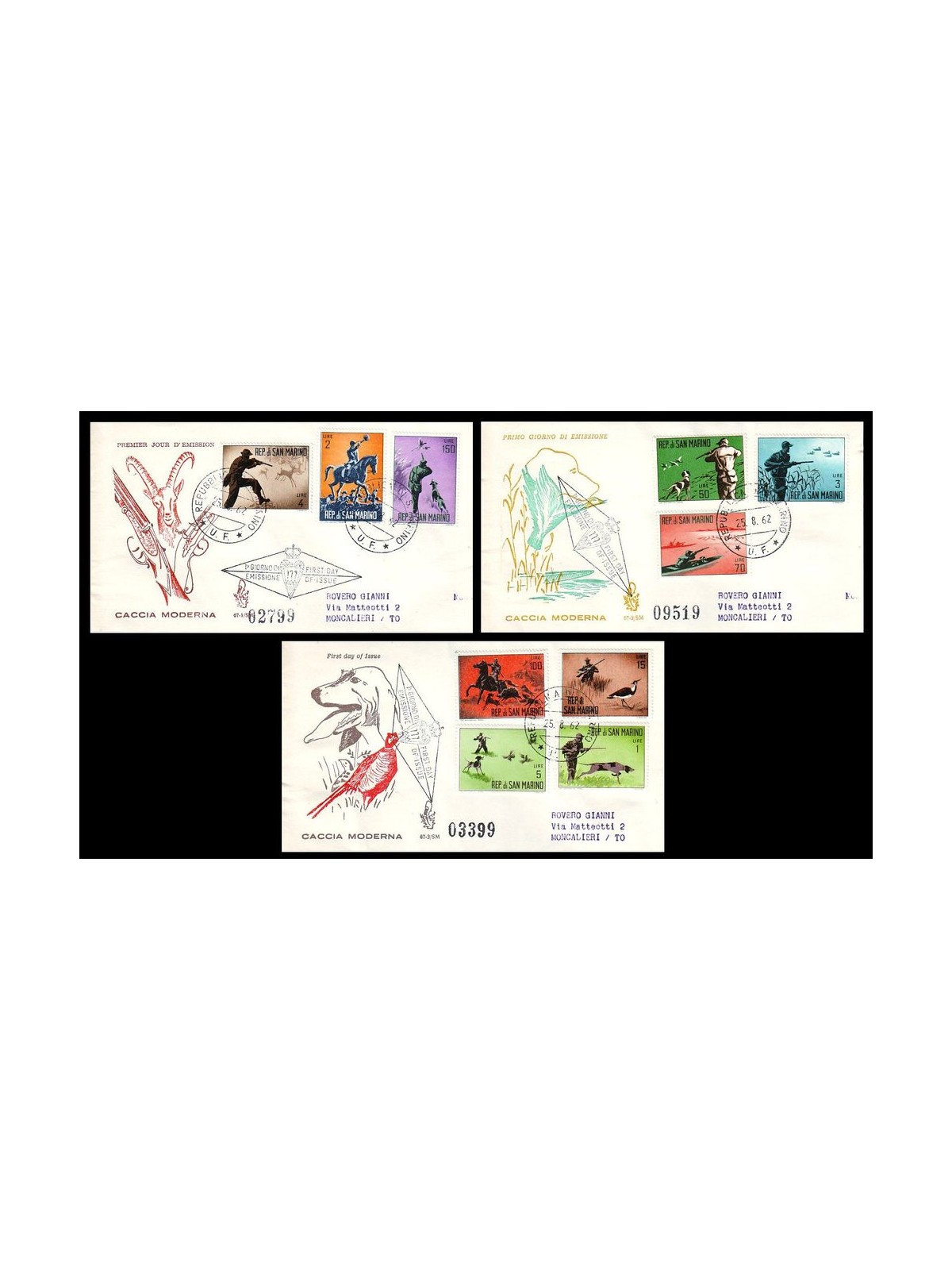 SAN MARINO 1962 FDC (Venetia) Caccia moderna viaggiate