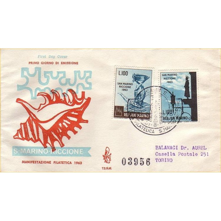 SAN MARINO 1963 FDC (Venetia) Giornata filatelica viaggiata