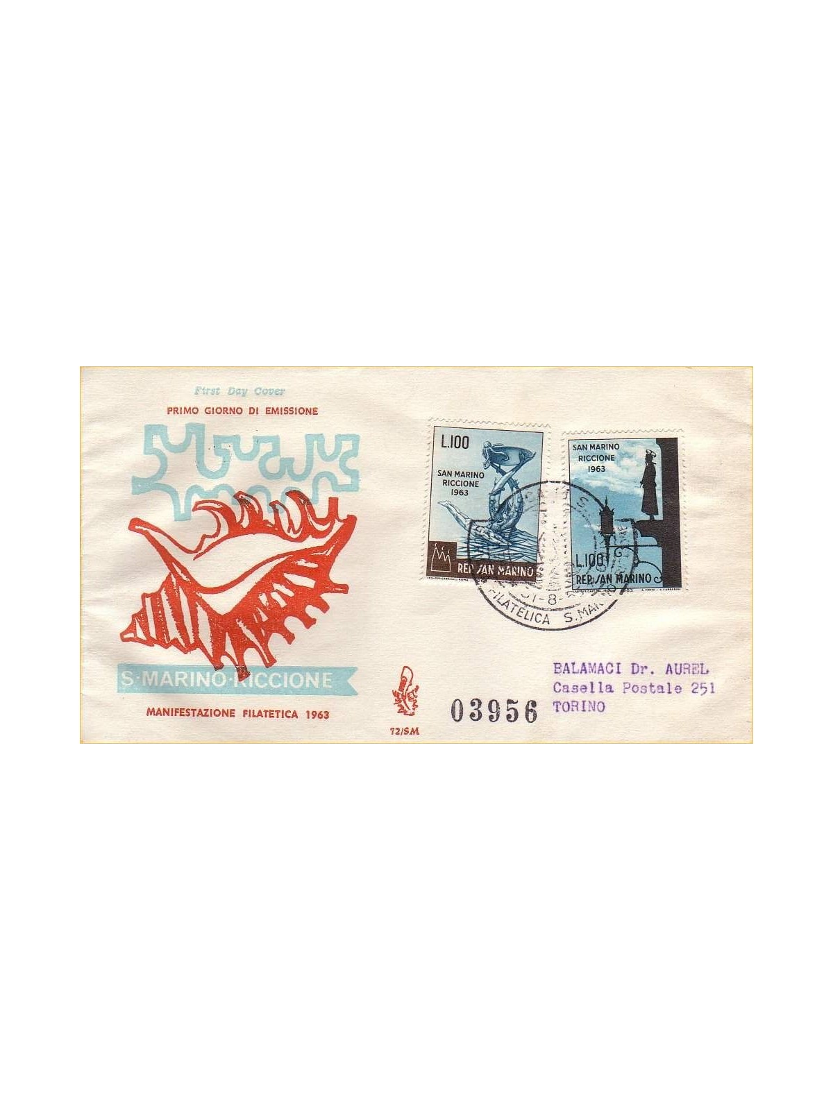 SAN MARINO 1963 FDC (Venetia) Giornata filatelica viaggiata