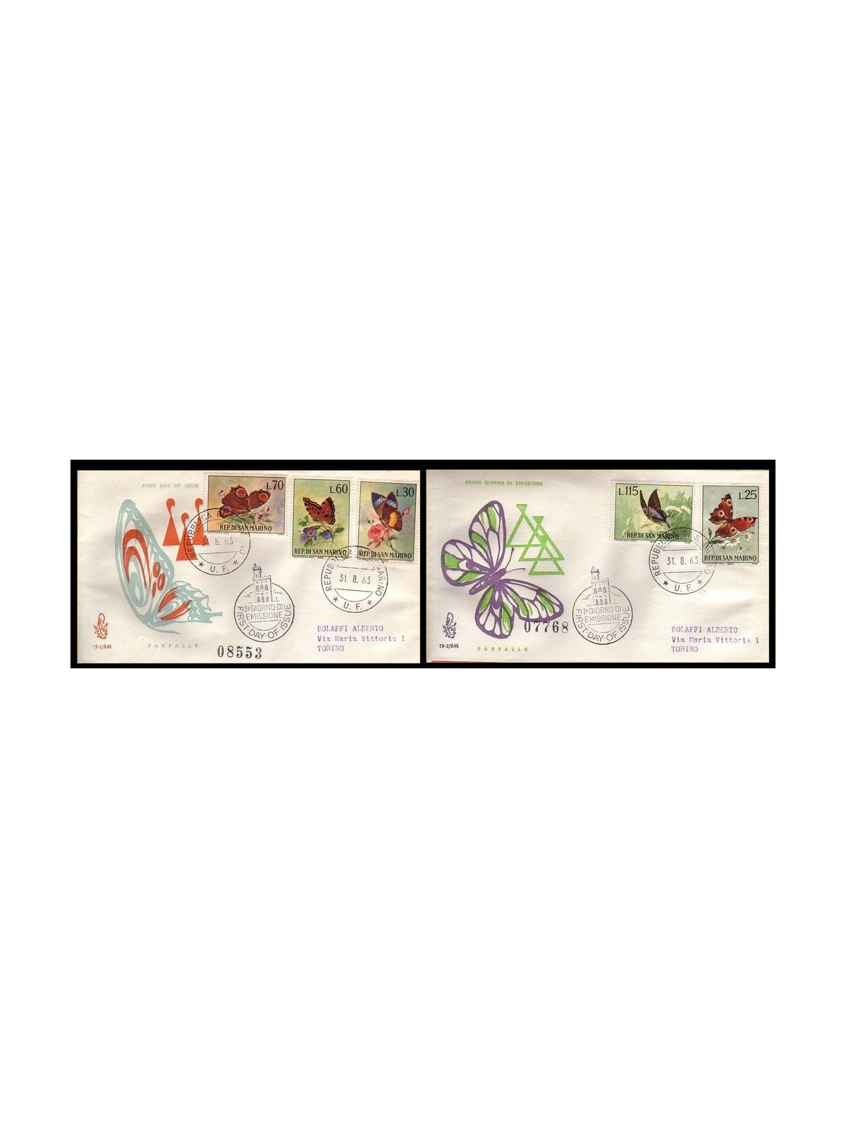 SAN MARINO 1963 FDC (Venetia) Farfalle viaggiate