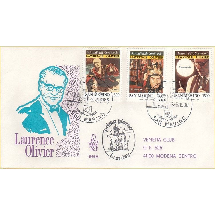 SAN MARINO 1990 FDC (Venetia) Laurence Olivier viaggiata