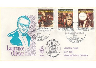 SAN MARINO 1990 FDC (Venice) Laurence Olivier traveled