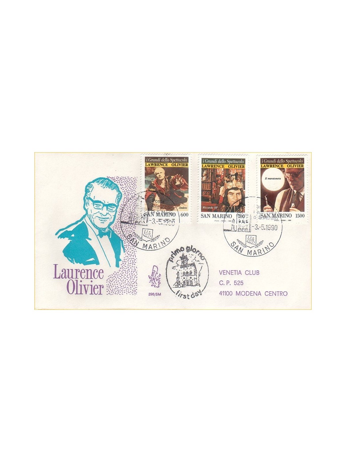 SAN MARINO 1990 FDC (Venice) Laurence Olivier traveled