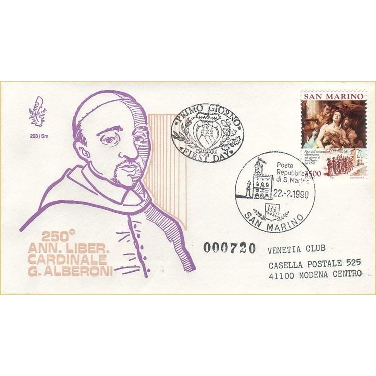 SAN MARINO 1990 FDC (Venetia) Cardinale Alberoni viaggiata